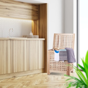 Cos de rufe Relaxdays, 70 litri, lemn de nuc, cu capac si sac detasabil - Img 2