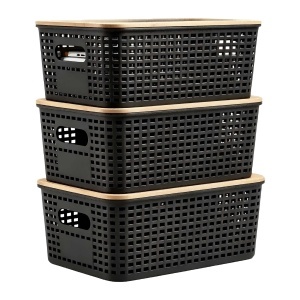Cutie de depozitare Relaxdays, set 3 bucati, 11x25,5x18,5 cm, plastic si bambus, negru