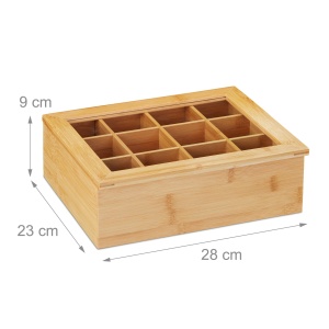 Cutie pentru ceai Relaxdays, bambus, 12 compartimente, cu fereastra, 9x28x23 cm - Img 4