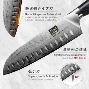 Cutit de bucatarie din otel pulbere SHAN ZU, cutit de bucatar japonez Cutit Santoku, cutit de bucatar profesional de 18 cm cu continut ridicat de carbon, cutit de bucatarie ascutit cu maner ergonomic din lemn Pakka - Img 5