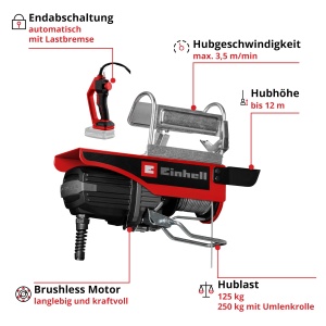 Dispozitiv de ridicare cu acumulator Einhell TE-EH 18250 Li BL, 125 kg 250 kg, 12 m - Img 3