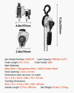 Dispozitiv de ridicare manual VEVOR HSH0.5T, 0.5T capacitate, 3m lungime, cu frana dubla - Img 7