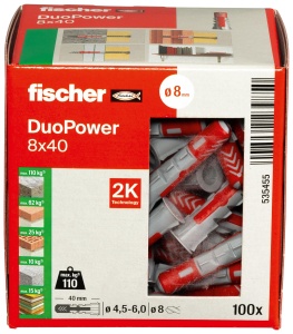 Dublu de fixare fischer DuoPower 8 x 40, 100 bucati, pentru beton si caramida - Img 2
