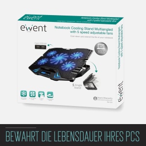 Ewent EW1259 Gaming Laptop Cooler 12-17 inch, 5 ventilatoare silentioase cu LED-uri albastre, 2 porturi USB, pad de racire, suport pentru notebook Cooler Pad Cooling Pad Cooling Mat, negru - Img 9