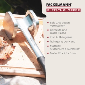 Fackelmann Fragezitor de carne cu manere moale pentru a preveni alunecarea - Ciocan de carne cu suprafata aspra si neteda - Aplatizator de carne pentru placare si atingere, negru - Img 3