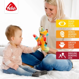 Fehn Play Glove Safari - Papusi cu deget, jucarii pentru copii, maimuta si elefant pentru a apuca si scoate sunete - Papusi de mana pentru copii si bebelusi de la 0+ luni - Manusa de papusa cu jucarie de prindere si zornaitor - Img 3