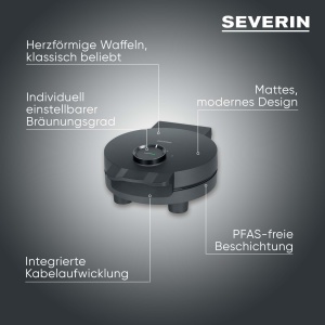 Fier de vafe SEVERIN Black Line, vafe cu inima, acoperire fara PFAS, cu indicator luminos, infasurator practic de cablu, 1.000 wati, negru/otel inoxidabil, WA 2117 - Img 2