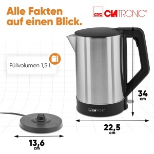 Fierbator electric Clatronic WKS 3692, 1.5L, 2200W, carcasa inox, negru - Img 6