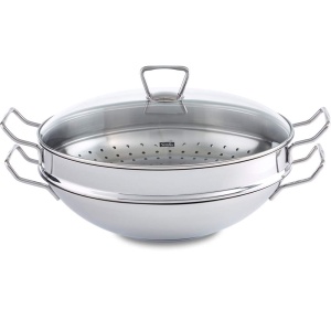 Fissler Nanjing/wok din otel inoxidabil (O 36 cm) tigaie mare wok neacoperita, tigaie asiatica cu capac de sticla, incl. insertie pentru abur, toate tipurile de aragaz - de asemenea inductie
