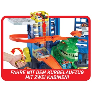 Garaj Hot Wheels cu T-Rex si 2 Masinute, Capacitate 100 Vehicule, Inaltime 90cm - Img 3
