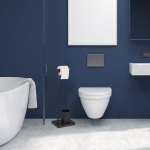 Garnitura WC Relaxdays, 2 in 1, Negru, Design Modern, Inox si Bambus - Img 5