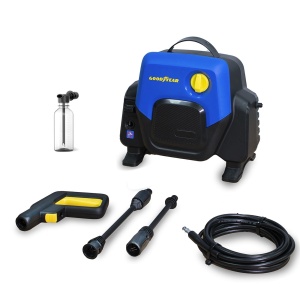Goodyear - Aparat de spalat cu presiune compact 1400 W 100 bar 4,5 l/min. pistol si lance turbo. Tambur de furtun albastru. Sistem de oprire automata. Rezervor de detergent 200 ml, Albastru - Img 1