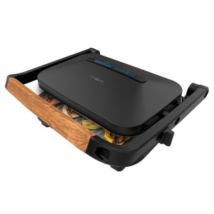Gratar electric Cecotec RockNGrill 1300W, antiaderent, maner din lemn, negru