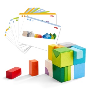 HABA 305463-3D-Tile-Game Mix de zaruri jucarii din lemn pentru asezare si stivuire 19 blocuri de constructie din lemn 10 carduri sablon de construit j