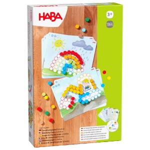 HABA Zuordnungsspiel Scheibix - Joc creativ din lemn pentru copii cu 128 piese colorate si 8 modele de carti