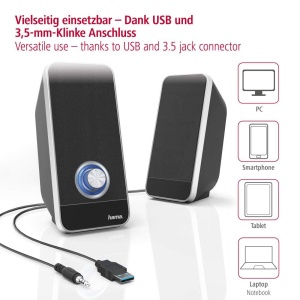 Hama PC Speaker Sonic (USB 3.0, jack 3,5 mm, 3 W, control volum, difuzoare active pentru computere, PC-uri, laptopuri, notebook-uri, smartphone-uri si tablete) negru, 00173133, negru/argintiu - Img 4