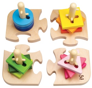 Hape Creative Peg Puzzle Joc de stivuire din lemn Puzzle de rezolvare a problemelor pentru copii mici, Joc de stivuire cu diferite forme, Bete fixe si culori stralucitoare - Img 2