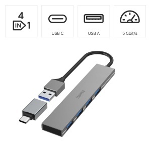 Hub USB Hama 4 Porturi, USB-A si USB-C, Aluminiu, Ultra Slim - Img 2