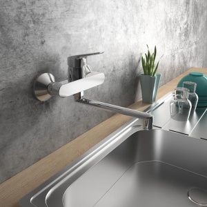 Ideal Standard BD488AA Cerabase Robinet de bucatarie montat pe perete, Robinet pivotant 360deg Bucatarie, Baterie baterie Chiuveta de bucatarie, Economisire apa, Montare pe perete, cromat - Img 4