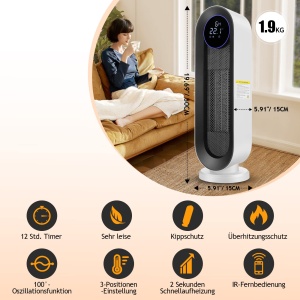 Incalzitor cu ventilator, incalzitor cu ventilator ceramic, termostat de 2000 W cu 3 moduri Incalzitor cu ventilator, temporizator de 12 ore, anti-inclinare, incalzitor de spatiu cu oscilatie de 100 deg pentru casa si birou ecran mare alb - Img 2