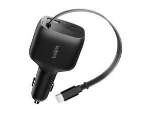 Incarcator auto Belkin cu cablu USB-C retractabil de 75W, compatibil iPhone 17, Galaxy S25