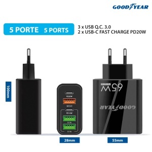 Incarcator Goodyear 220V 5 Porturi 3 USB 2 USB-C, 65W, Compact - Img 2