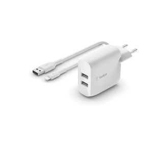 Incarcator USB-A Belkin Boost Charge, 24W, 2 porturi, cablu Lightning inclus