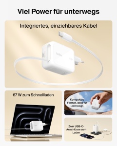 Incarcator USB-C Belkin 67W cu cablu retractabil de 1m, compact si rapid - Img 2