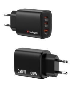 Incarcator Verbatim Essentials 65W GaN cu 2 USB-C si 1 USB-A, Negru