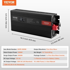 Inversor de tensiune VEVOR SGPE-3000W, 3000W, 12V DC, 230V AC, 2 prize AC, 2 USB - Img 7
