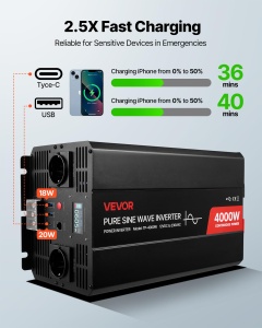 Invertor VEVOR 4000 W 12V DC-230V AC Reine Sinus cu LCD si Telecomanda - Img 5