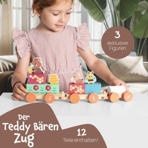 Jucarie din lemn Chicco Teddybear Zug cu 3 vagoane si 5 blocuri colorate - Img 2