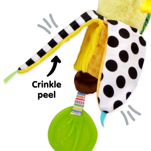 Jucarie senzoriala pentru bebelusi Lamaze Bea the Banana 0-24 luni galben cu sunete si texturi multiple - Img 4