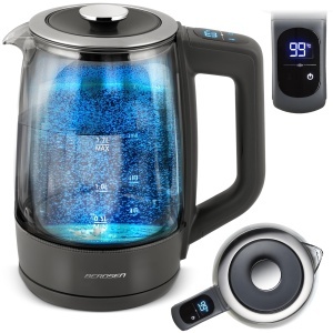 Kettle Berdsen cu temperatura reglabila, 1.7L, 1850-2200W, sticla borosilicata, gri