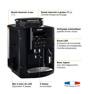 Krups Essential Coffee Machine Rasnita de boabe Espressor Aparat de cafea LCD Curatare automata Negru Cappuccino Bagheta de abur YY8135FD - Img 2