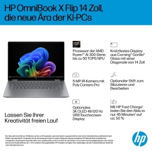Laptop 2-in-1 HP OmniBook X Flip, 14 2K Touchscreen, AMD Ryzen 7, 16GB RAM, 512GB SSD, Argintiu - Img 2