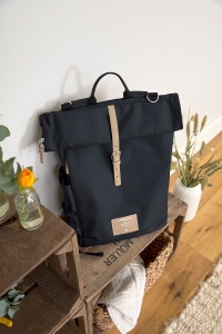 LASSIG Geanta de scutece, saltea de infasat, accesoriu pentru carucior, suport pentru sticle produs in mod durabil/GRE Rucsac Rolltop, albastru (albastru de noapte) - Img 5
