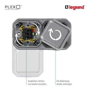 LEGRAND, Plexo Priza noua rezistenta la umiditate, 2 cai, standard Schuko, inclusiv capac cu balamale, protectie la contact, precablata, terminale plug-in, orizontala, IP44 - IK07, culoare: gri, 069742L - Img 9