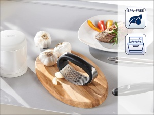 Leifheit Knobi King, presa de usturoi, balansoar de usturoi din otel inoxidabil, poate fi spalat in masina de spalat vase, presa de usturoi, design inovator, gadgeturi de bucatarie, manevrare si curatare usoara - Img 3