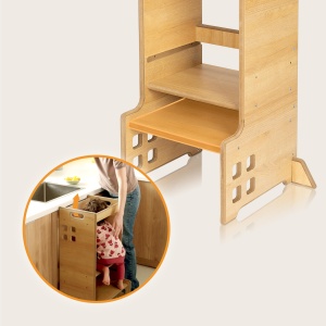 LIONELO CASS Ajutor de bucatarie Gadget de bucatarie 2 in 1 Montessori Turn de invatare De la 1 an Bara de siguranta reglabila pe inaltime Scaun de bucatarie stabil Raft de carti Pana la 30 kg - Img 3