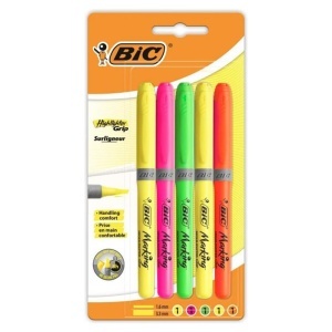 Marker Text BIC Briteliner Grip, 5 culori, cu varf lat si grip din cauciuc