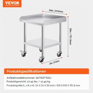 Masa de lucru din inox VEVOR SKT610, 61x61 cm, cu 4 roti, design ergonomic - Img 7