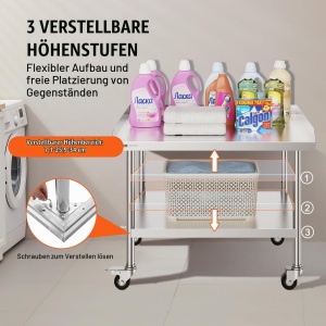 Masa de lucru VEVOR din inox, 76 x 91 x 76 cm, cu 4 roti si protectie stropi - Img 5