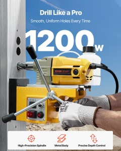 Masina de gaurit magnetica VEVOR, motor de 1200 W, magnetica, electrica, 12500 N, diametru de gaurire de 40 mm, cu 2 burghie, viteza variabila, pentru suprafete metalice, galben - Img 2