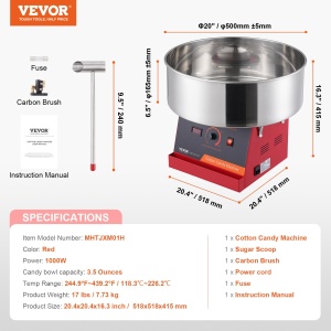 Masina de zahar VEVOR MHTJXM01H 1000W Rosu Bol din inox 6 portiimin - Img 7