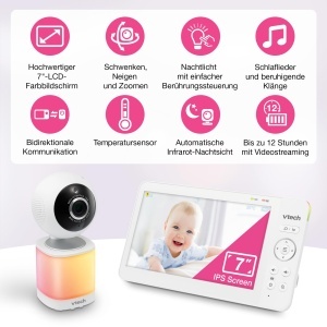 Monitor video pentru bebelusi VTech VM7468, ecran LCD 7 inch, camera Pan-Tilt-Zoom, lumina de veghe multicolora - Img 2