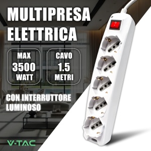Multipriza V-TAC cu Cablu de 1,5m, 5 Priza 1016A, Culoare Alba - Img 2