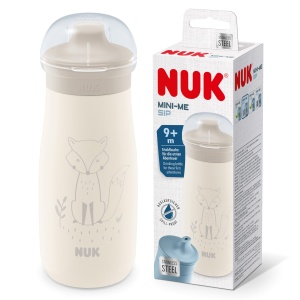 NUK Mini-Me Sip pentru copii mici | de la 9 luni | 300 ml | Sticla de apa din otel inoxidabil pentru copii mici | deschidere de baut stabila etansa | Rezistent la spargere | vulpe maro deschis