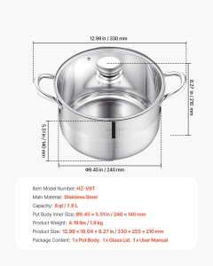 Oala din inox VEVOR 7,6 L cu capac din sticla, inductie, PFOA si PFAS-free - Img 7