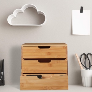 Organizer birou Relaxdays din bambus, 3 sertare, culoare natur - Img 2